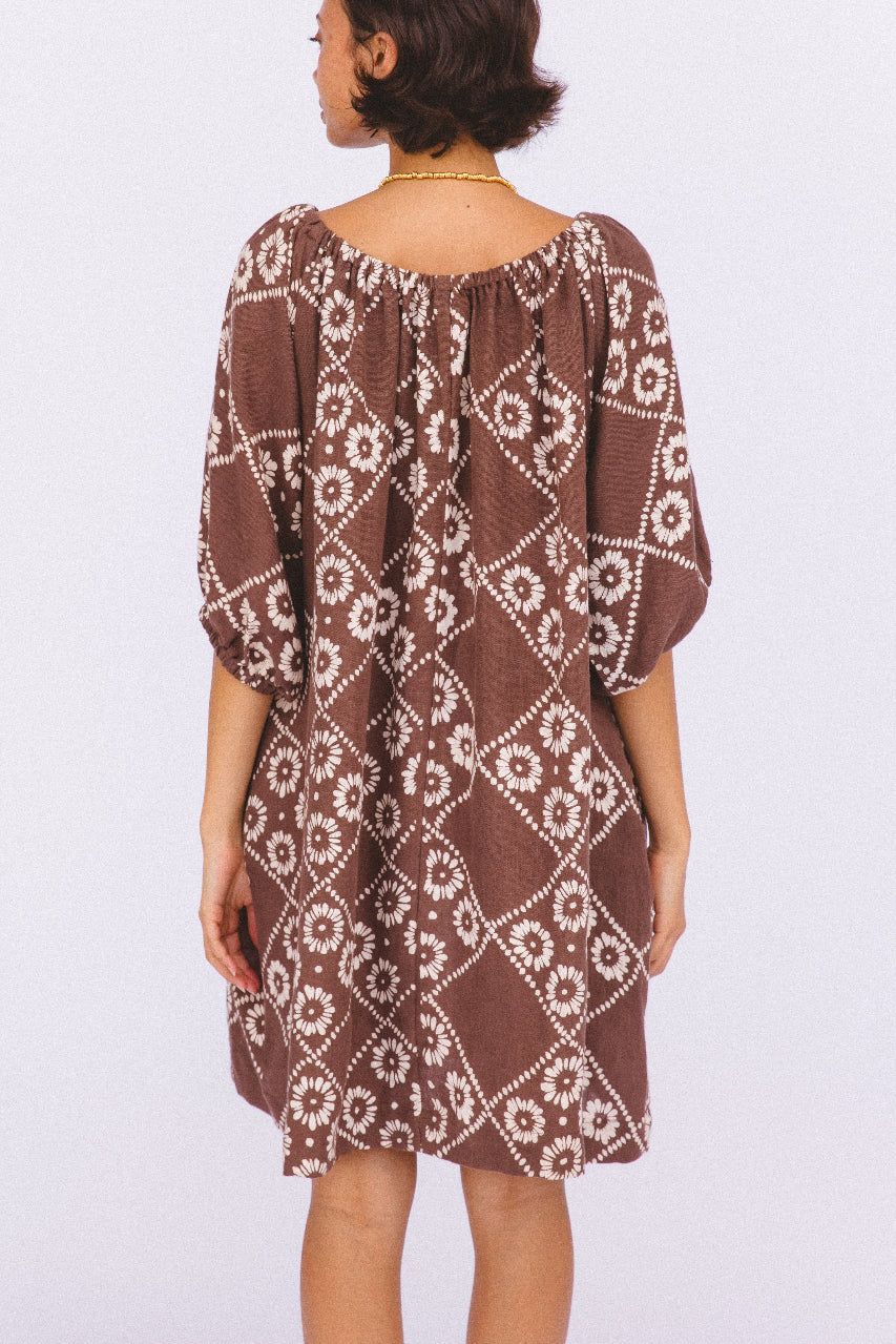 Dahlia Mini Dress Maple — back view studio shot, showing back neckline drape, full length silhouette, hand block print linen mini in maple brown geometric pattern, ethical artisan dress Jaipur | Daughters of India
