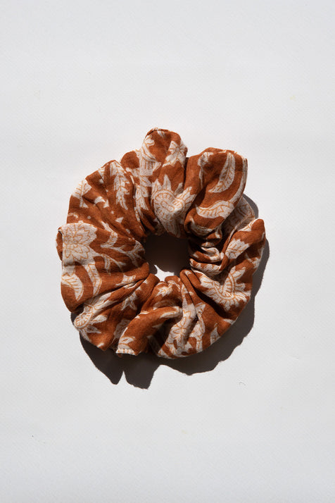 Daughters of India Upcycled Scrunchie in Caramel, a warm brown hair scrunchie made from upcycled cotton fabric