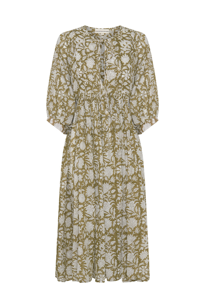 Daughters of India Kyra Midi Dress in Olive — flat lay showing neckline tie, billowed sleeves, hand screen print cotton