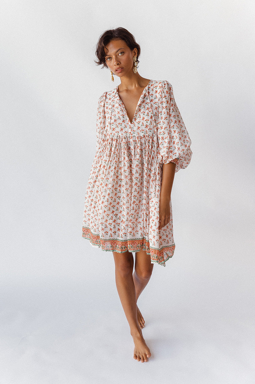 Kyra Mini Dress ~ Coral | Block Printed by Hand in India – DOI