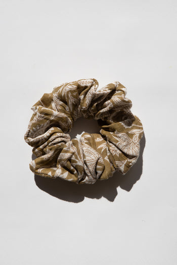 Daughters of India Upcycled Scrunchie in Olive, a dark olive green hair scrunchie made from upcycled cotton fabric