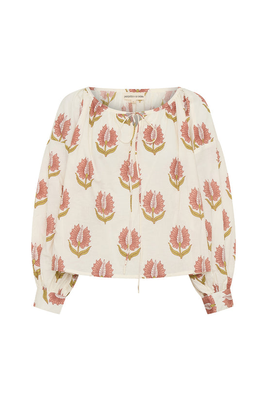 Ria Blouse Strawberry Cream — studio side profile, three-quarter view, strawberry cream hand block print cotton blouse, relaxed silhouette, artisan India | Daughters of India