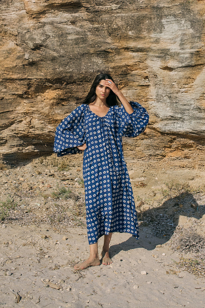 Zahra Midi Dress Indigo — full length front view, hand block print linen | Daughters of India